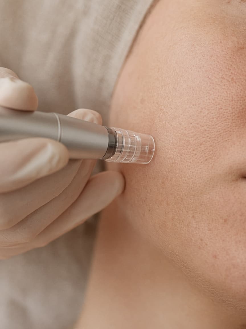 Micro Needling: Nahaufnahme eines Nadelschreibers an der Wange
